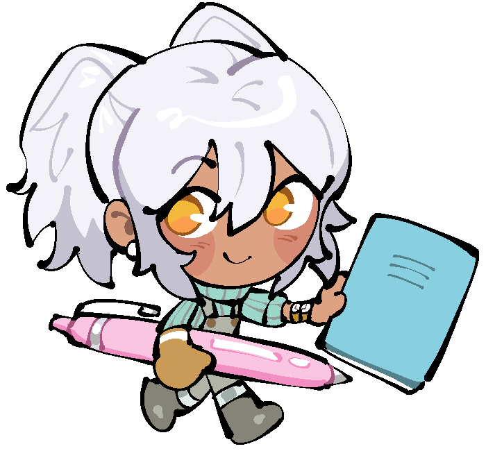 A chibi version of the same character with white pigtails, yellow eyes, and a cheerful smile, now holding an oversized pink pen and a blue notebook.