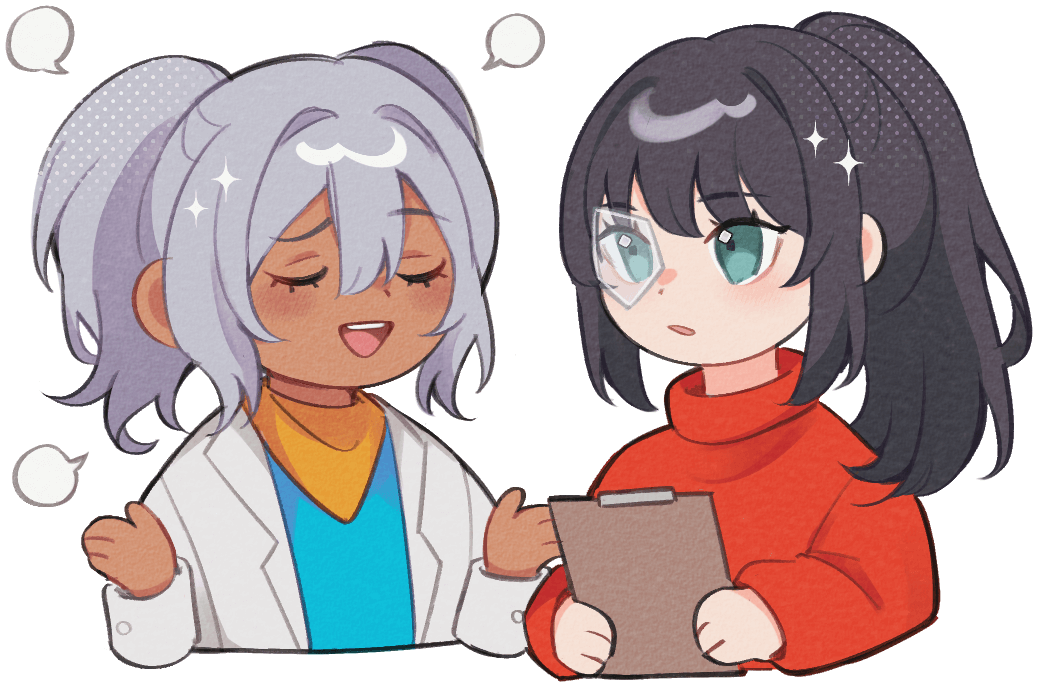 A character with white hair animatedly explains something with a cheerful expression, wearing a lab coat, while another character with dark hair and glasses attentively listens, holding a clipboard and dressed in a red sweater.